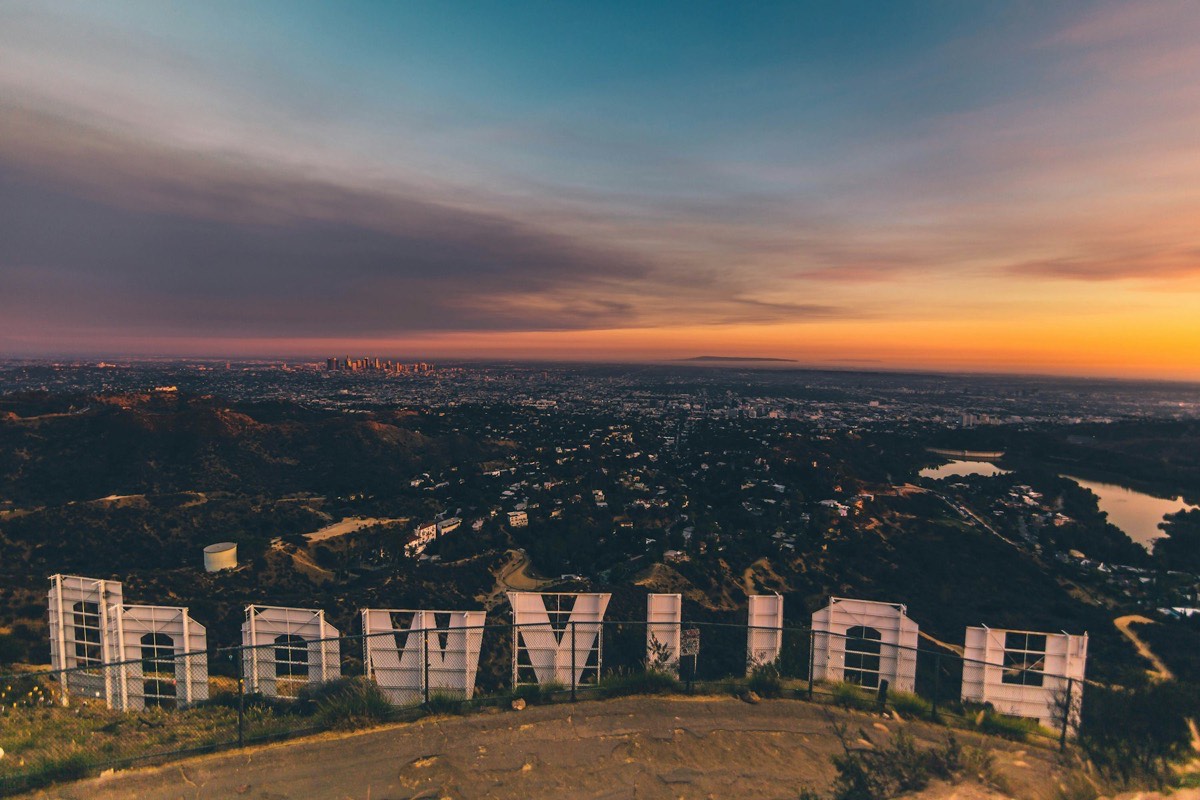 Hollywood sign at sunset over the hills